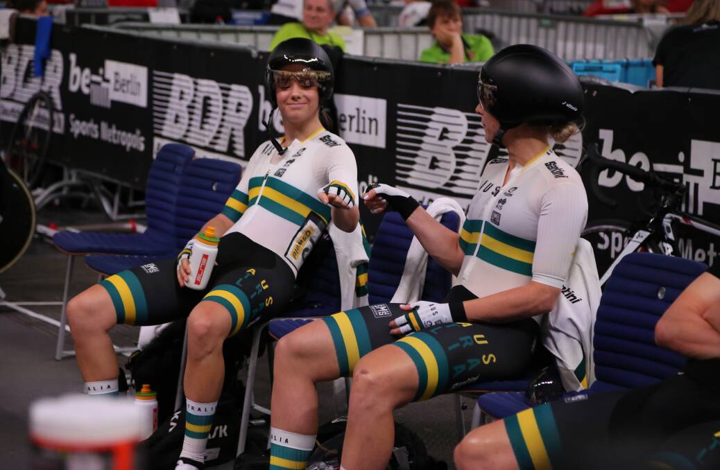 WAIT IS ON: Amy Cure with Annette Edmondson at the 2020 UCI World Championship. Picture: Australian Cycling Team