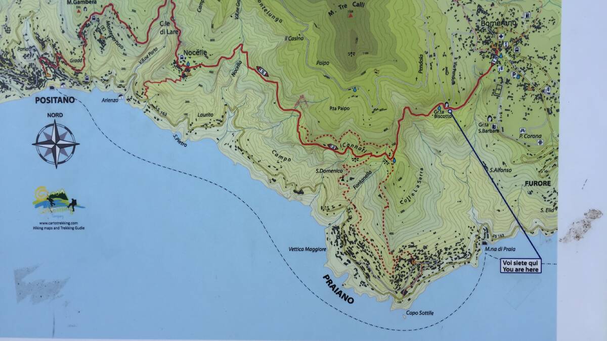 A map of the Amalfi coastline showing the Path of the Gods.