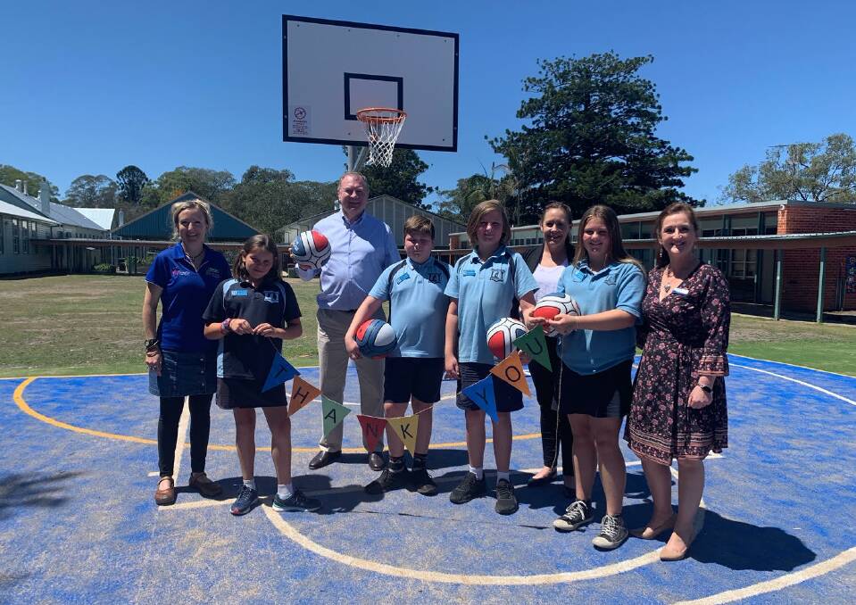 From left Lyn Heher (president of P and C), Lilli Urquhart (vice captain), Stephen Bromhead, Jonah Harrell (captain), Dillon Kennewell (vice captain), Helen Jessup (P and C), Kiah Hughes (captain) and Kylie Seaman (principal).