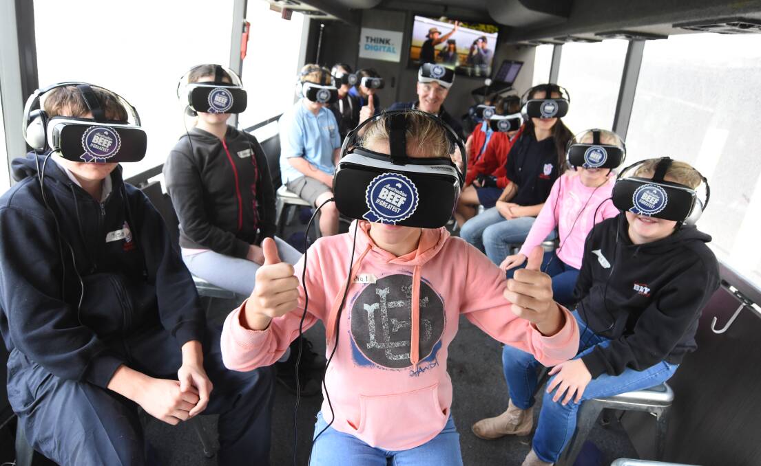 Students from local primary schools experiencing the virtual reality experience known as  MLA's Paddock to Plate Story at Wingham High School. Photo: Scott Calvin