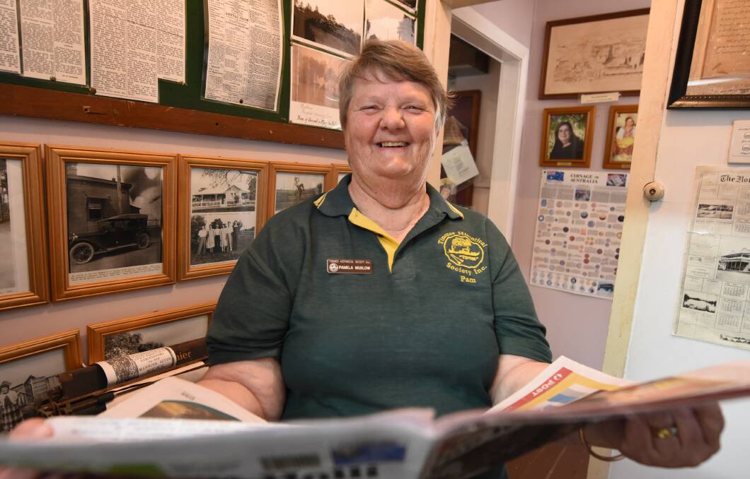 Milestone moment: Pam Muxlow at the Tinonee Historical Society Museum on the 30th anniversary of her first column for the Wingham Chronicle. Photo Scott Calvin.