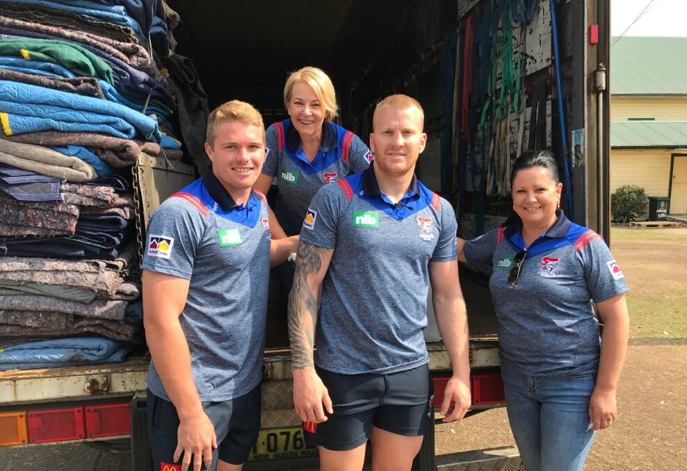 Monique McGuire and Kellie Furner with Mitch Barnett and Josh King from the Newcastle Knights.