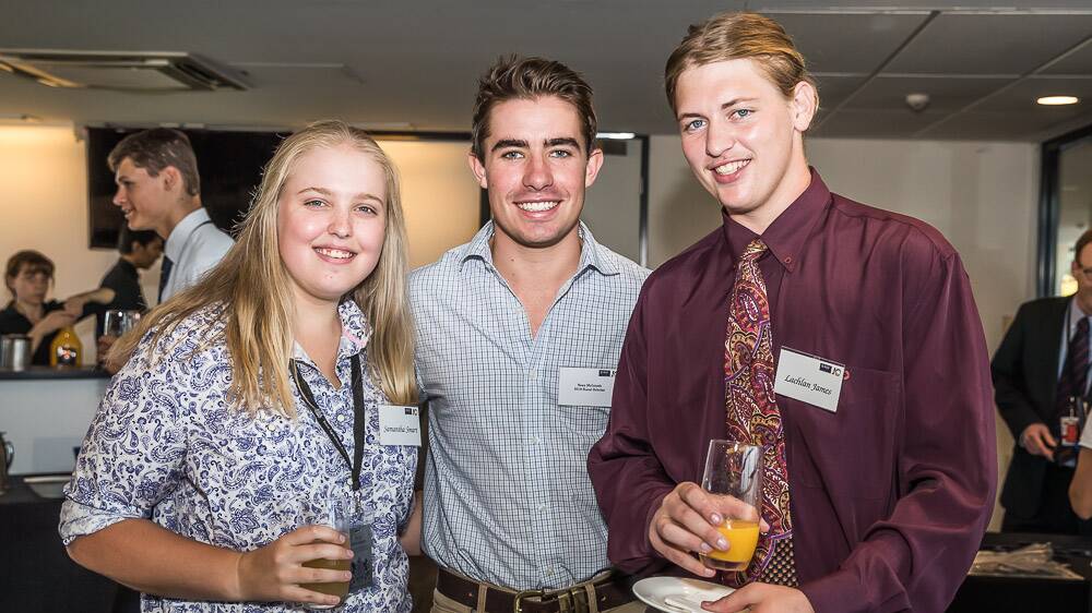 Lachlan James (right) with fellow students Samantha Smart and Sean McIntosh at the 2018 RAS Foundation's annual morning teaSydney Royal Easter Show to celebrate the rural scholarship recipients. Photo Stephen Mowbray.
