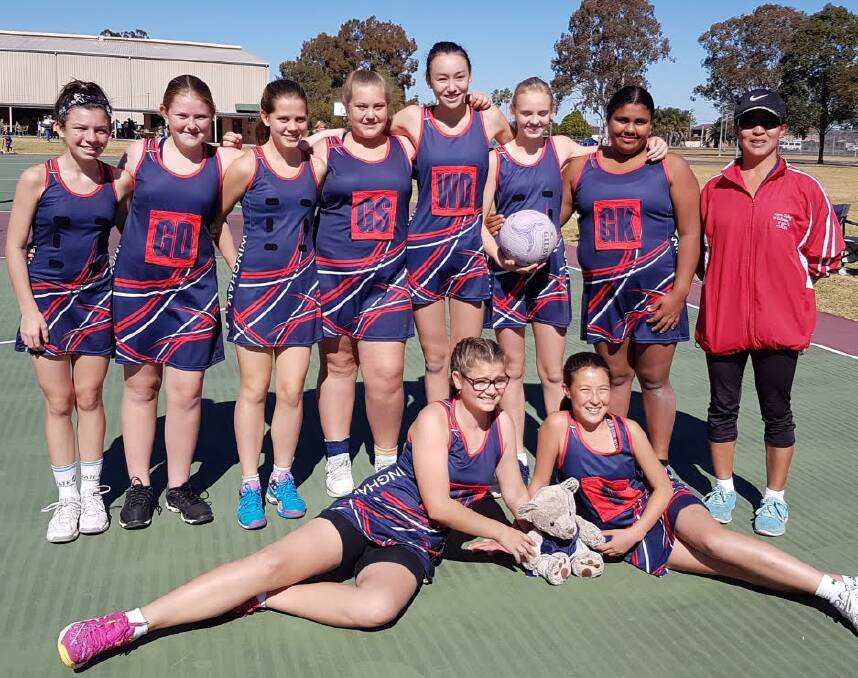 Wingham Wildfire: From left (back row) Ashlee Vickers, Amber Loretan, Emily Summerville, Mia Polley, Medinah Wells, Ella Farland, Taliyah Scarr, coach Masa Urquhart Front: Amelia Hansen and Lea Urquhart. Photo: Submitted