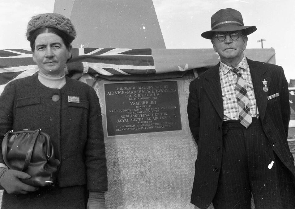 Restoration: Pixie and Clem Scott at the unveiling of the Vampire Jet monument in Wingham on August 7, 1971. 