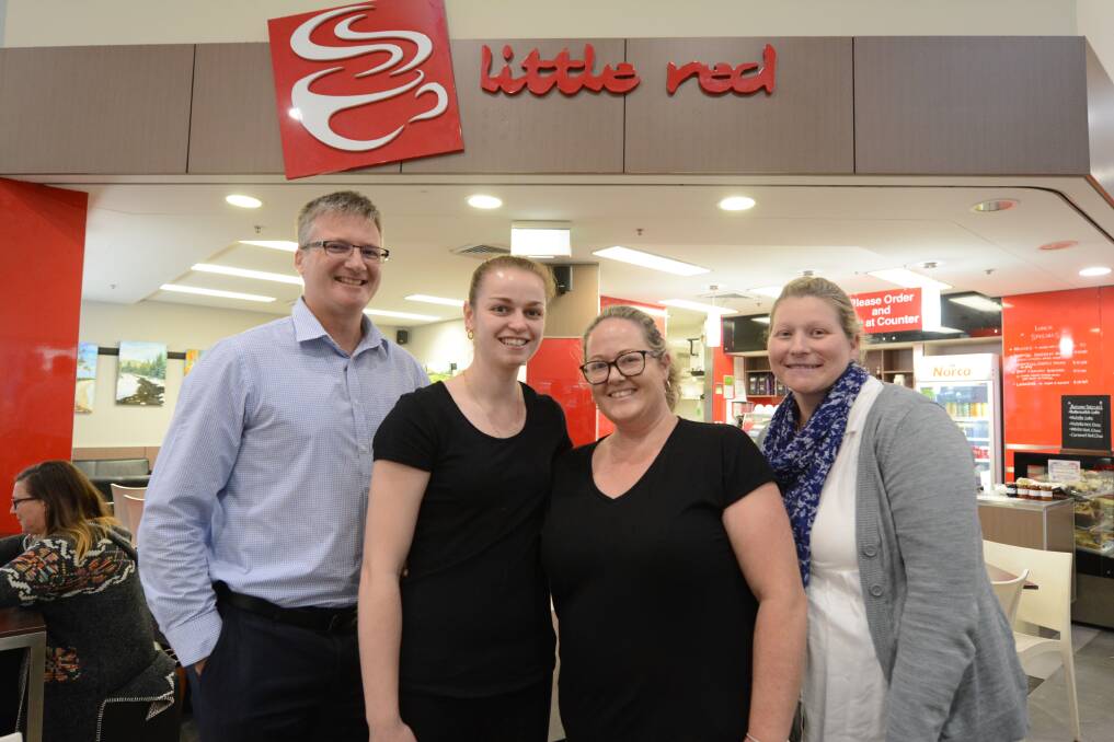 Dundaloo Support Services CEO Mark Drury with Hannah Boyd, Kathy McPherson and Lauren Walsh at the Little Red Cafe and Take Away in Wingham Plaza.