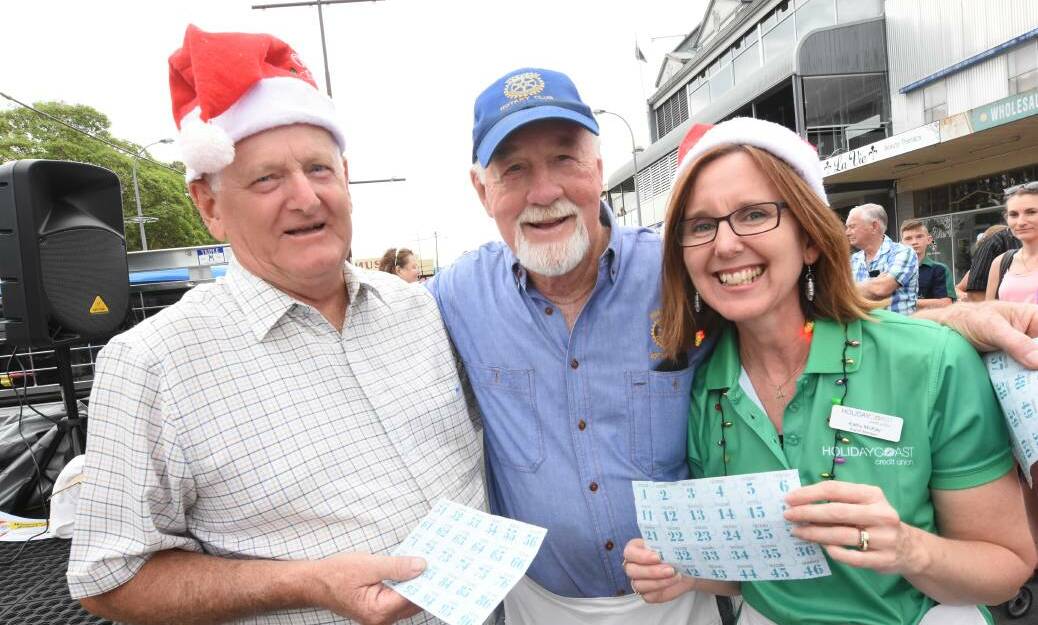 Colin Butcher, Ron Hindmarsh and Kathy McKay at the 2018 Wingham Christmas Street Carnival. Photo Scott Calvin