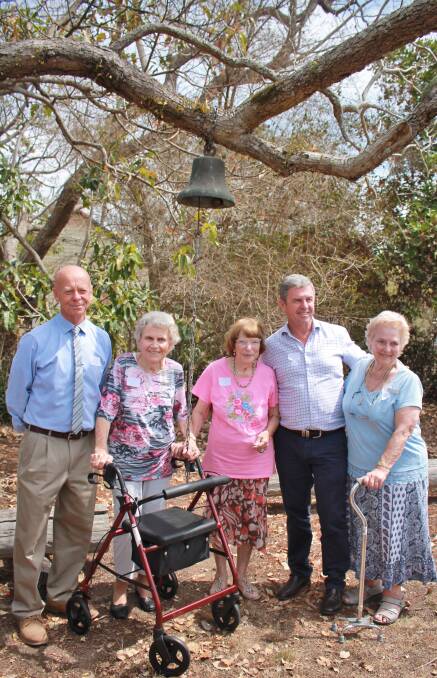 MCC MAYOR David West & David Gillespie Member for Lyne with oldest past pupils in attendance LtoR: Mrs Norma Cox (nee Weekes) Margaret McFadyen and Mrs Marge Rouse (nee Murray) under the bell in grounds of Kimbriki PS.
