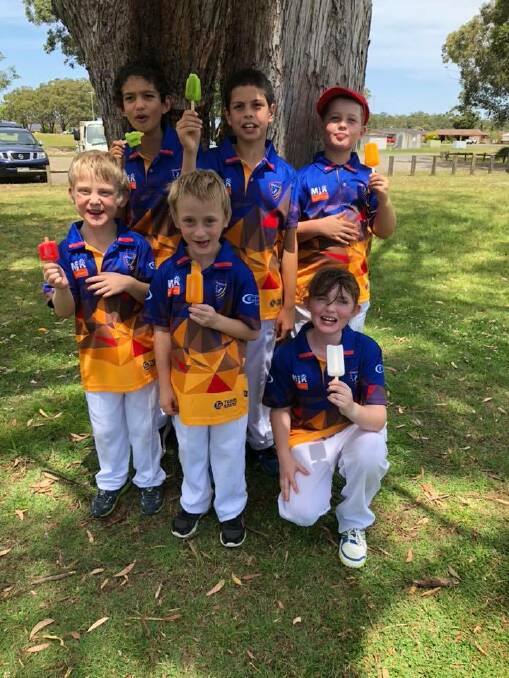 Wingham Sixers Under 10’s enjoying a well deserved ice-block.
Back row from left Anwar Ali, Ned Crawford and Angus Abbott. Front row from right Hunter Lucas, Kobi Lucas and Arabella Roohan.