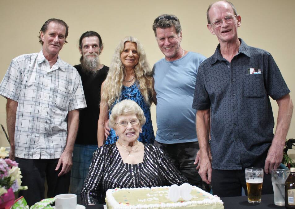 Celebrate: Nellie Hensing celebrates her 90th birthday with children from left, Ron, Hank, Anne, Rick and Bill.
