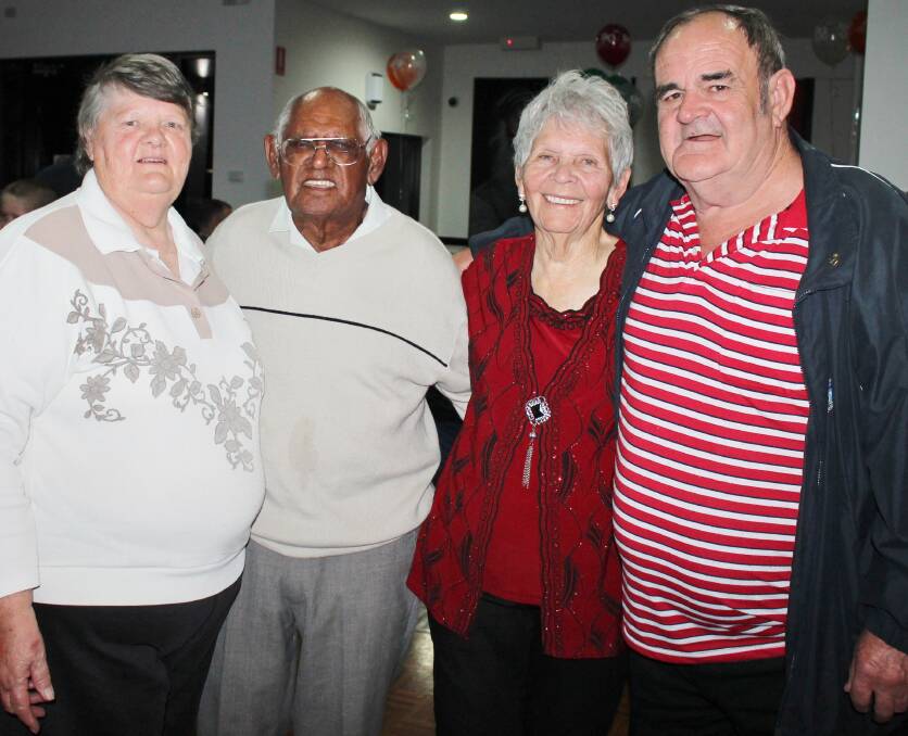 Spring chickens: Pam Muxlow with 90th birthday lad Tommy Clarke and his wife Barbara and John Muxlow at celebrations for the occasion at Taree Leagues Club.