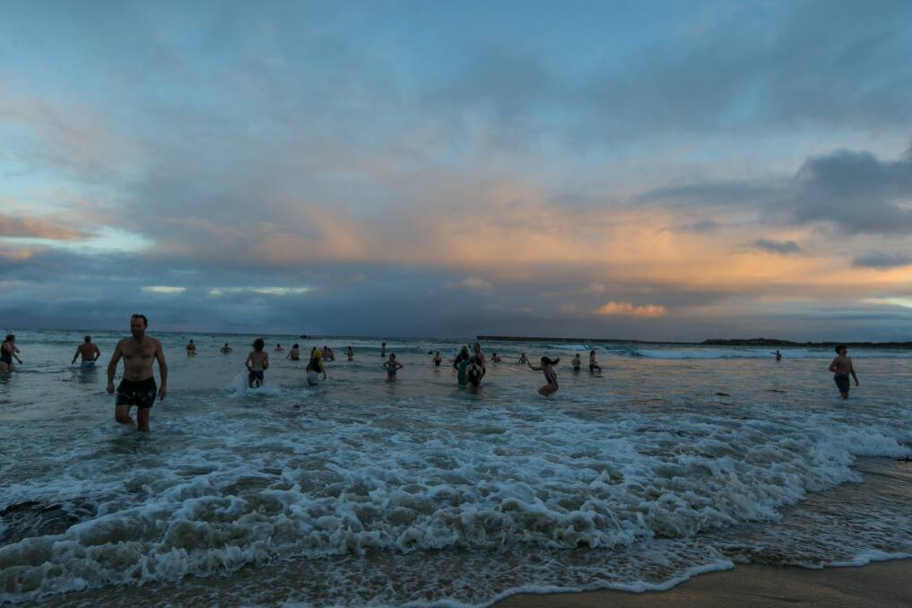 Winter solstice swim participants leave the chilly Warrnambool water. Picture: Rob Gunstone