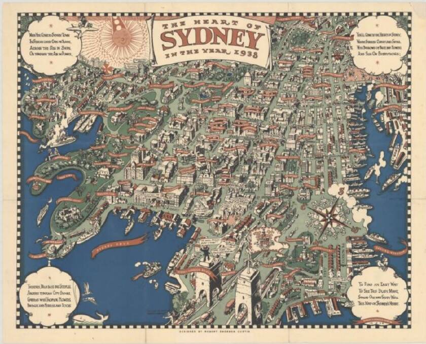 The heart of Sydney in the year 1938, designed by Robert Emerson Curtis and published in the Sydney Morning Herald by John Fairfax and Sons in 1938.