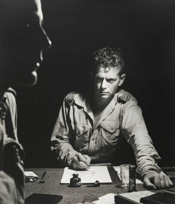 Artist at work: 'Ryan's Shipyard' artist Robert Emerson Curtis with Clem Seale. Photo - Collection: National Portrait Gallery, Canberra. 'Clem Seale and Robert Emerson Curtis c 1944 by Max Dupain (1911-1992); gelatin silver photograph.  Purchased with funds provided by Timothy Fairfax AC 2003.