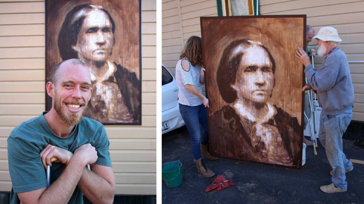 Left - the Isabella Mary Kelly portrait behind it's creator, James Pearson. Right - the mural being installed on July 23. Photos supplied