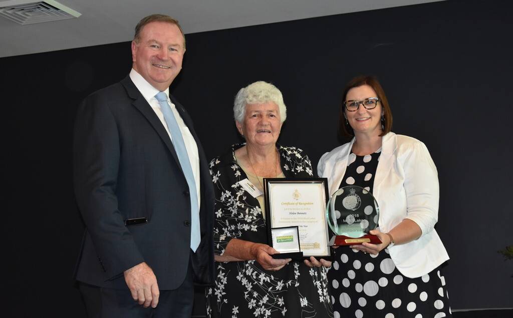 Myall Lakes Citizen of the Year: Helen Bennett of Tinonee with Member for Myall Lakes Stephen Bromhead and NSW Minister for Early Childhood AND Aboriginal Affairs Sarah Mitchell. Photos: supplied