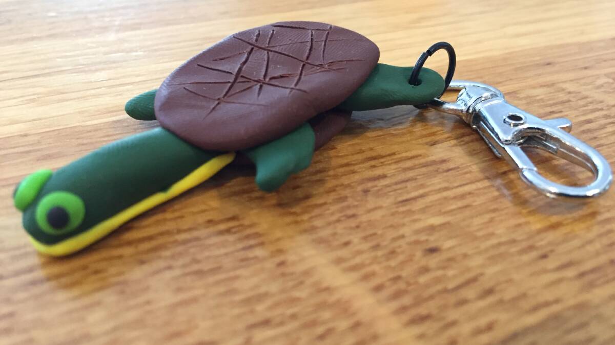 A Manning River turtle keyring, made from Fimo and Sculpey clay.