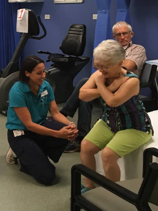 Lesley Temperely exercising under the supervising of Manning Base Hospital physiotherapist Clare Rourke. Photo supplied
