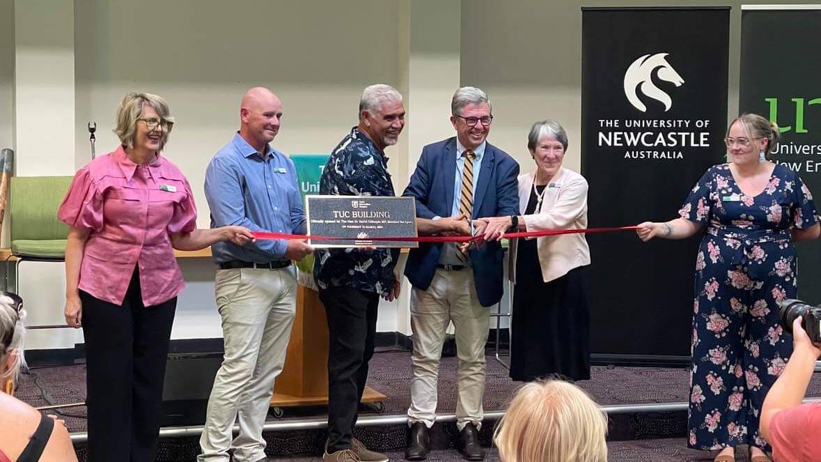 CEO Donna Ballard, campus coordinator Ewan Weller, Uncle Russell Saunders OAM, Dr David Gillespie, chair Dr Alison McIntosh and community events officer Corrie O'Brien officially open the new Taree Universities Campus building. Picture supplied.