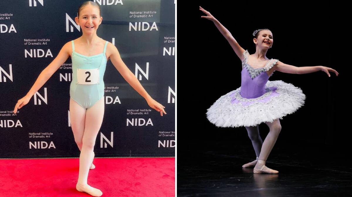Wingham's Ava Gilbert at auditions for the Bolshoi Ballet Academy Summer Intensive Young Dancers Program (left) and on stage at the 2019 Sydney Eisteddfod. Photos supplied