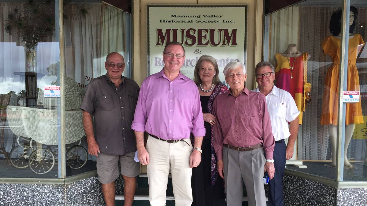 Wingham Museum exhibitions curator Terry Tournoff, Stephen Bromhead MP, MVHS patrons Mave and Eric Richardson and president Neale Greenaway.