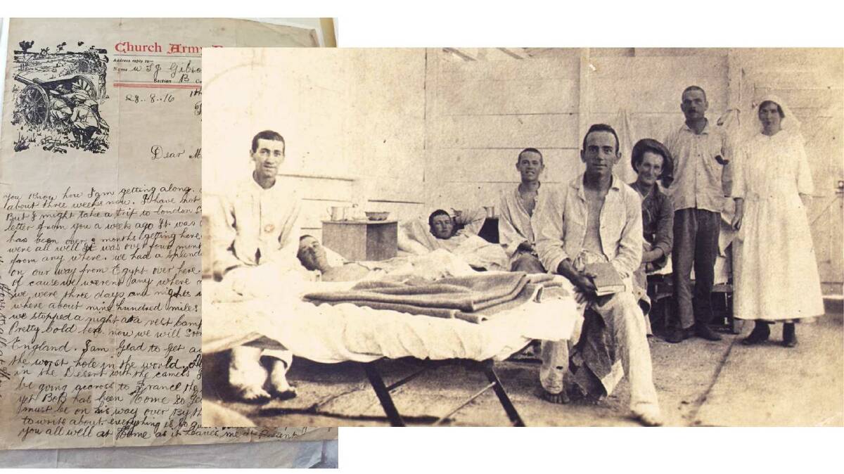 A letter home from local Willie Gibson, pictured (wearing a hat) in a war hospital. War hospital photo courtesy Manning Valley Historical Society.