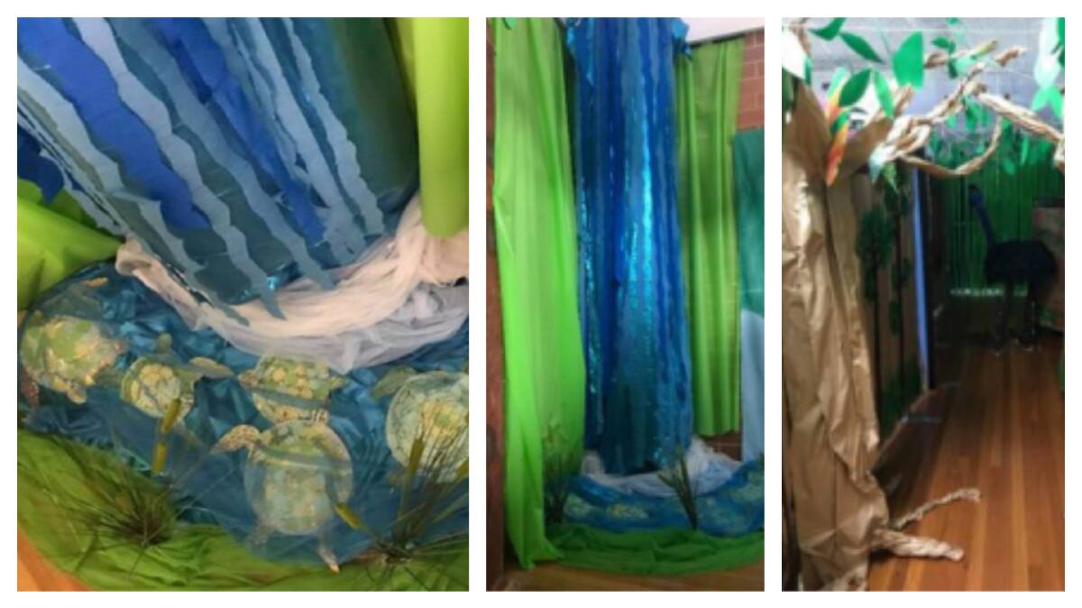 A Touch of the Brush display: The "Wingham Brush Education Centre" made by students. From left, Manning River turtles swim through a waterfall, the full waterfall, and if you look hard enough you can see a cassowary in the darkness. Photos: supplied