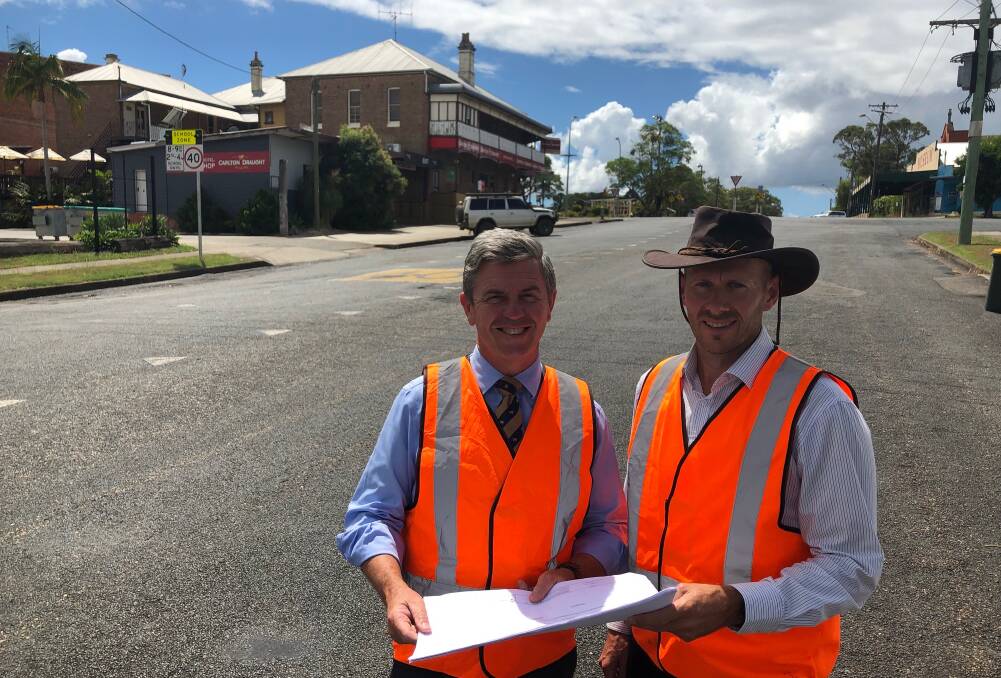 Federal Member for Lyne Dr David Gillespie and MidCoast Council manager of projects and engineering Rhett Pattison inspecting Farquhar Street on Wednesday, February 6. Photo supplied