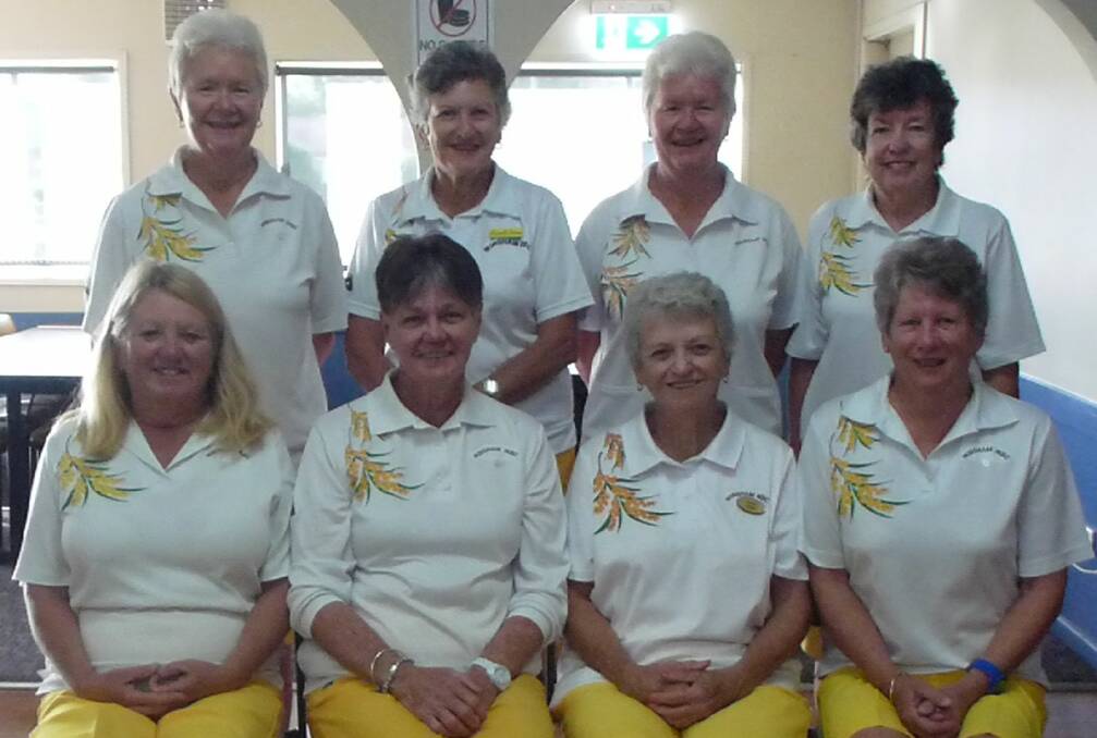 Wingham Women's Bowls: Winners District Grade 4 Bowls played at Taree Leagues. At back, Leonie Gilford, Laurelle Dennes, Chris Willey, Di Lewis. Front, Denise Matheson, Claudia O'Donnell, Carol Kriss, Jo Duncan.