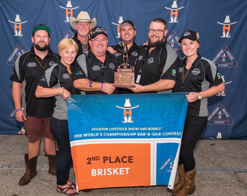 Manning Valley Barbecue champs: the team with their runner-up trophy from the Houston barbecue championships earlier this year - Grant, Fiona and Grace Coleman, Ash Turner, Mark Bateman and Stephen Cooke. Picture: courtesy of Beef Australia