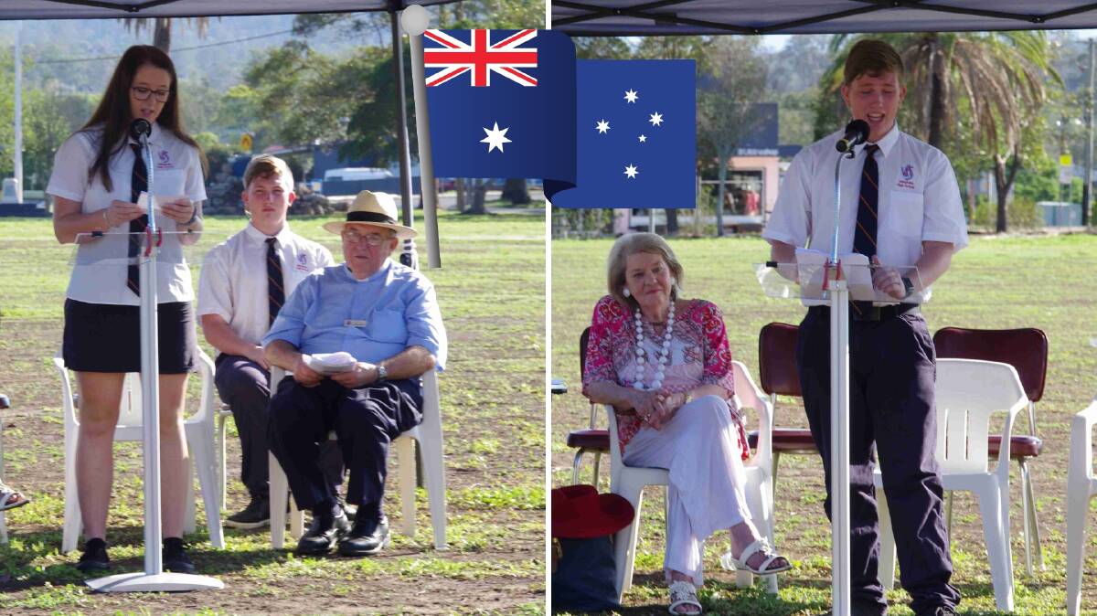 Wingham High School 2020 captains Dimity Bartlett and Billy Callaghan delivering their speeches at the Australia Day ceremony. 
