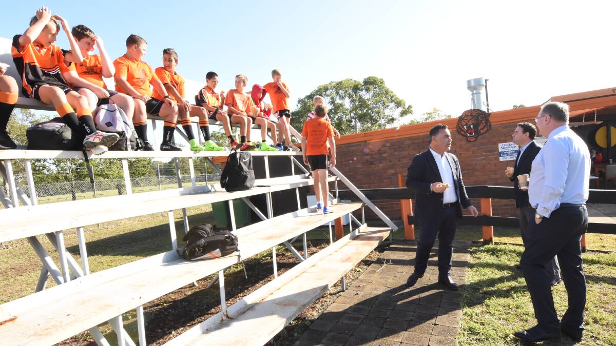 Deputy premier John Barilaro, Sport Minister Stuart Ayres, and Myall Lakes MP Stephen Bromhead at the funding announcement at Wingham Sporting Complex in February 2018. Photo: Scott Calvin