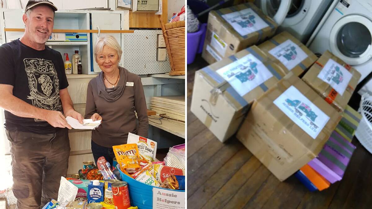 Trevor Smurthwaite receiving donations from the Wingham Spinners and Craft Group, and boxed hampers ready to be delivered. Photos supplied