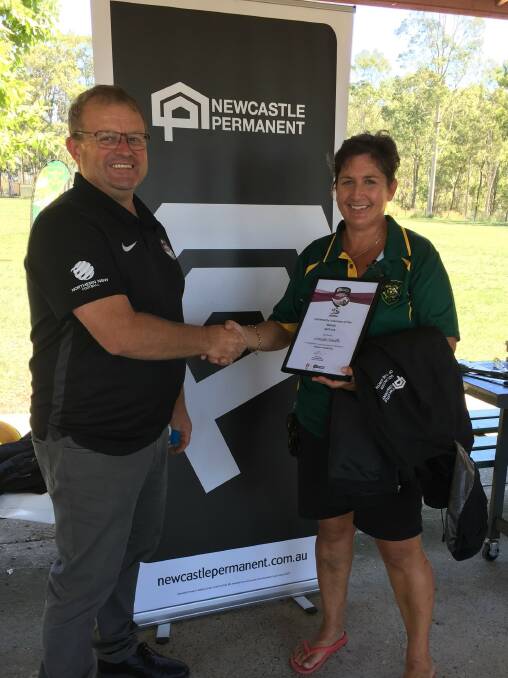 Volunteer of the Month: Louise Smith of Wingham with NNSWF club development officer Phillip Andrews. Photo: supplied