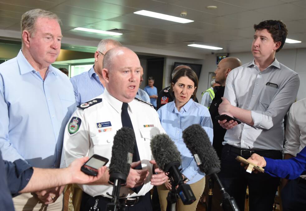 NSW Rural Fire Service Commissioner Shane Fitzsimmons at the press conference at Club Taree evacuation centre on Sunday afternoon. Photo: Scott Calvin
