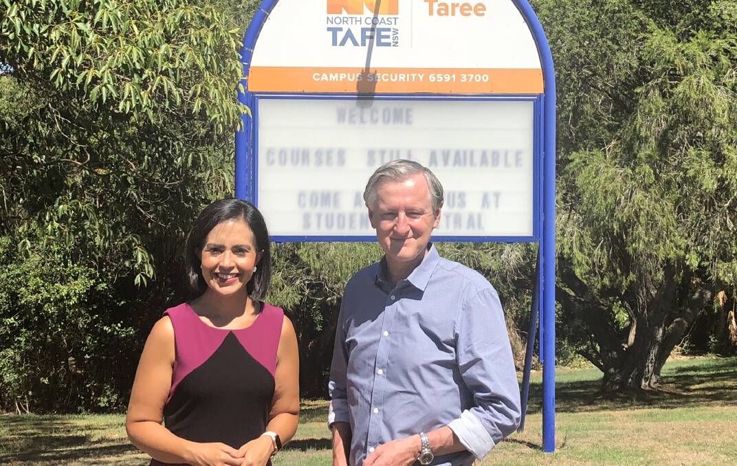 Shadow minister for TAFE and skills, Prue Car and Labor candidate for Myall Lakes, Dr David Keegan at Taree TAFE. Photo: supplied