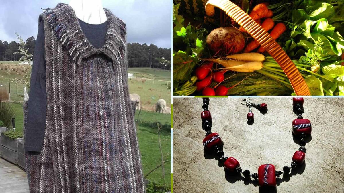 Manning Made Artisan Fair features one of a kind originals, such as the tunic on the left, made of handspun and dyed alpaca and wool and then handwoven. 