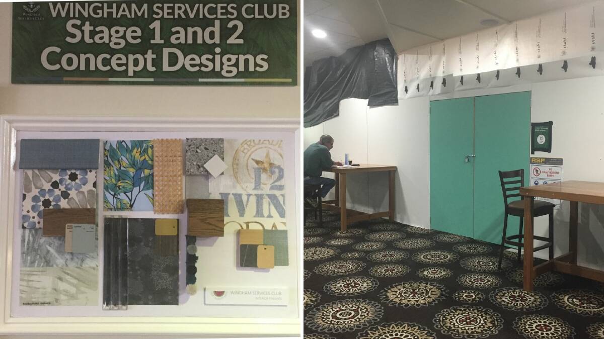 Fresh new look: the mood board displayed in the Wingham Services Club foyer (left), and renovations being undertaken on the first floor (right). 
