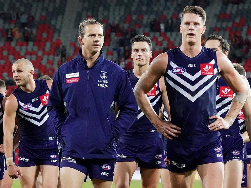Nat Fyfe (2-l) will miss the Fremantle-West Coast AFL derby on Sunday because of a hamstring injury.
