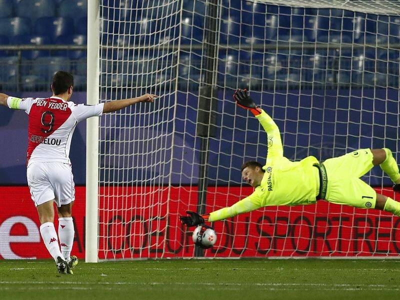 Wissam Ben Yedder scores Monaco's third goal in their 3-2 win over Montpellier on Friday.