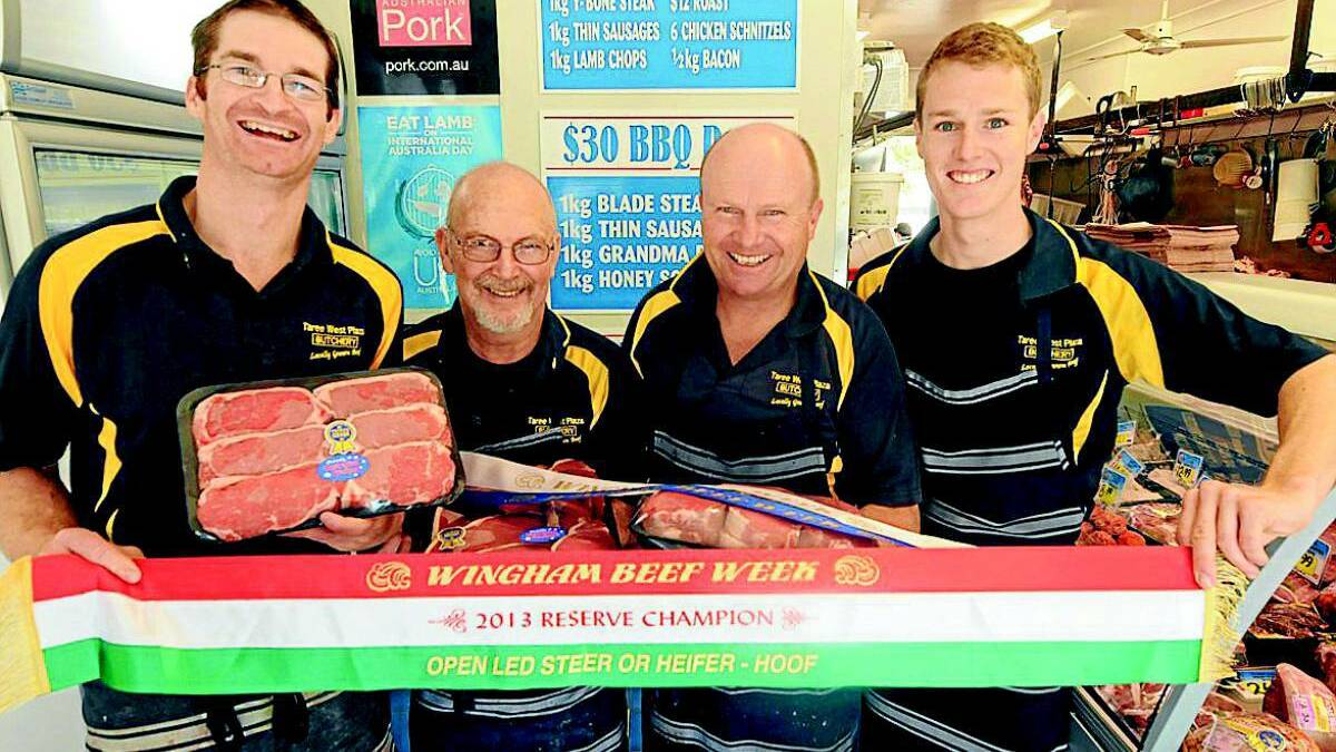 Proudly displaying the winning ribbons in 2013 at Taree West Plaza Butchery are Tim Hopkins, Ray Johnston, Paul Collins and Alex Neale.