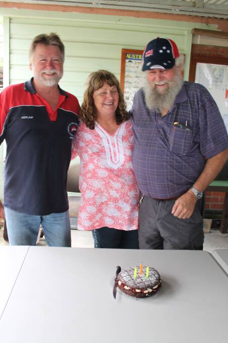 Steve McGann, Sharon Atkins and Derek Boughton of Wingham Services Bluewater Fishing Club with their birthday cake.