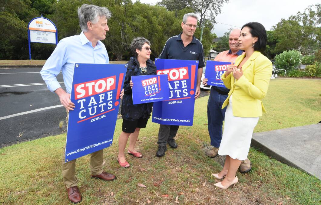 MidCoast councillor Dr David Keegan, retired teacher Lexie Stephens, NSW Teachers Federation's Rob Long, Cliff Trood and Shadow Skills Minister Prue Car met to discuss the future of TAFE. Photo: Scott Calvin. 