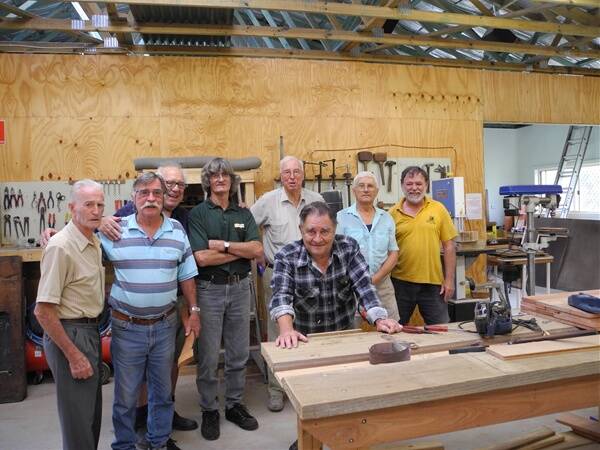 Sid Delarue, Tony Baker, Derek North, Norm Rudel, Bill Freeman, Helmut Fischer, Dave Sullings and Don Forbes at the Men’s Shed.