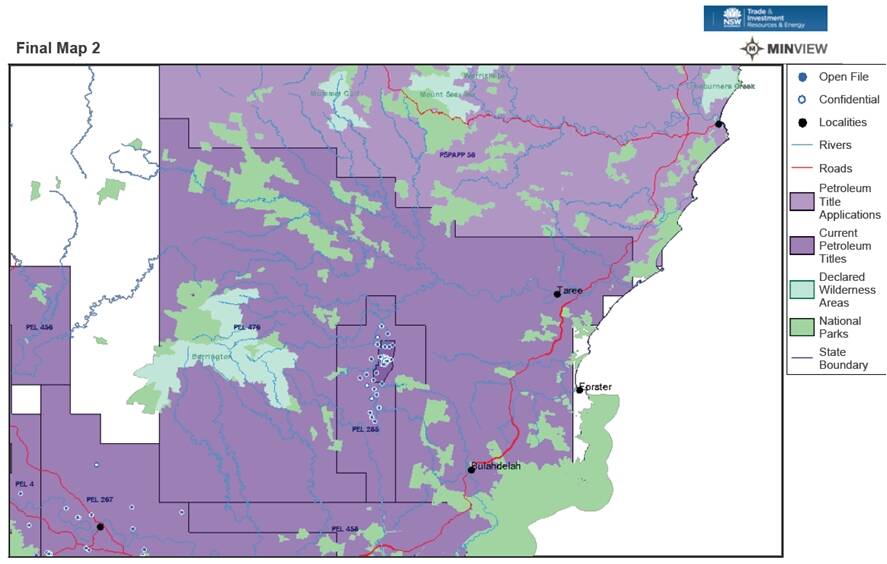 As landholder rights hang in the balance, Pangea Oil and Gas apply to renew their exploration licence PEL 476 in the Manning Valley - the map shows the geographical area the licence covers. The map drew an audible response at last Thursday's meeting.